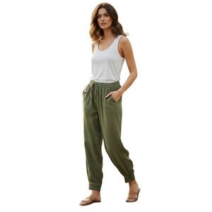 Rhea NWT Olive Green Harem Pants Embroidered Boho Festive Jogger Button Cuff S/M